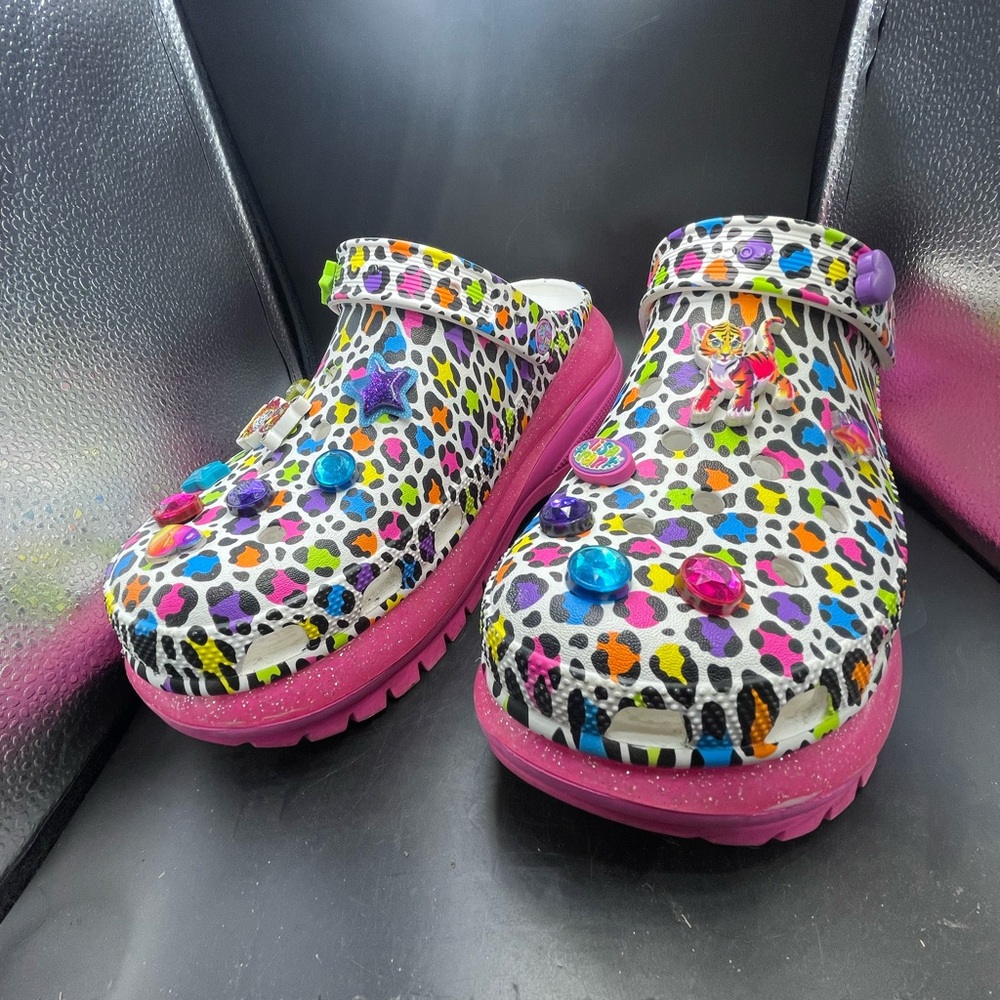 Colorful Leopard Print Lisa Frank x Crocs limited addition